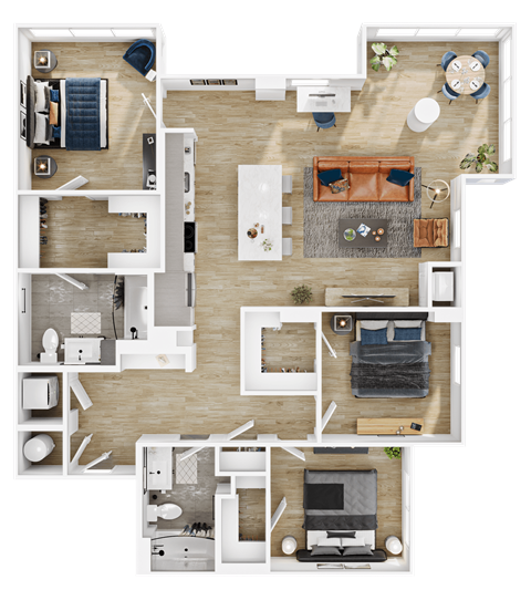 Floor plan for 3 beds, 2 baths, 1395 sqft